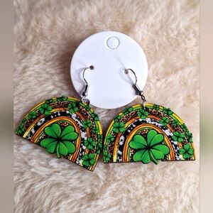St Patricks Day Earrings New Wood Lucky Clover Rainbow Dangles
